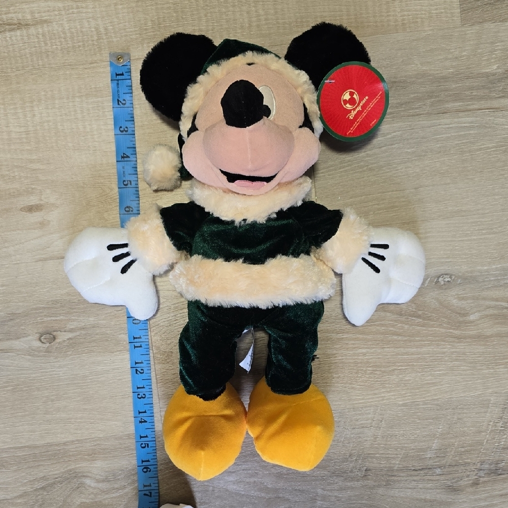 Vintage Disney Store Mickey Mouse Green Velvet Santa Suit Christmas Plush 16”